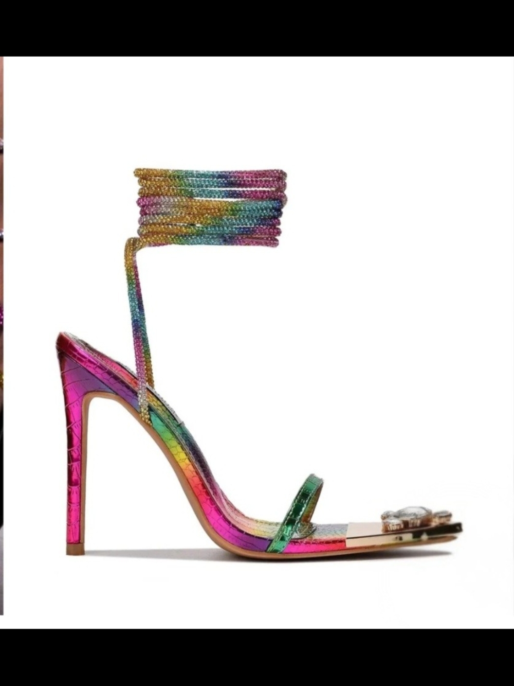 Rainbow Rhinestone Lace-Up Stiletto Heels – Pointed Toe Glam Sandals 5 5